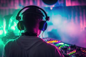 ai generato dj divertimento a un' festa discoteca nel il neon luce. foto