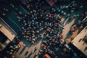 ai generato persone folla raccolta nel il strada aereo Visualizza. foto