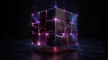 3d interpretazione di nero cubi con viola neon luci su nero sfondo.ai generativo foto