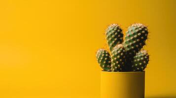 cactus nel giallo pentola su giallo sfondo con copia spazio. minimo style.ai generativo foto