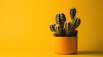 cactus nel giallo pentola su giallo sfondo con copia spazio. minimo style.ai generativo foto