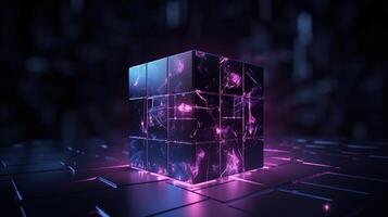 3d interpretazione di nero cubi con viola neon luci su nero sfondo.ai generativo foto