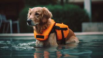 carino d'oro cane da riporto nuoto nel nuoto piscina con arancia vita giacca.ai generativo foto