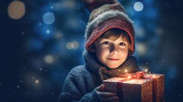 ragazzo con Magia Natale scatola. illustrazione ai generativo foto