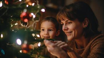 famiglia decorazione Natale albero. illustrazione ai generativo foto