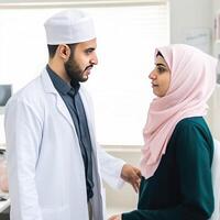 ritagliata Immagine di musulmano maschio medico comunicare con femmina collega o paziente nel ospedale o clinica, generativo ai. foto