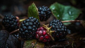 bellissimo biologico sfondo di appena dolce more con acqua goccioline, creato di generativo ai tecnologia. foto