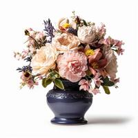 bellissimo mazzo di fioritura fiori nel un' Vintage ▾ vaso isolato su bianca sfondo, nazione stile casa arredamento e interno disegno, generativo ai foto