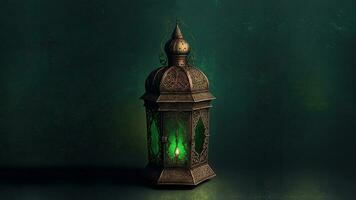 realistico illuminato Arabo lanterna su verde sfondo. 3d rendere. foto