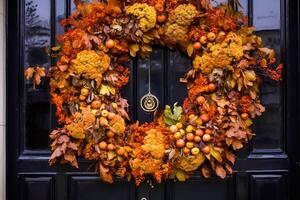 autunno ghirlanda decorazione su un' classico porta Entrata, accogliente autunno vacanza stagione con autunnale decorazioni, generativo ai foto