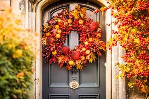 autunno ghirlanda decorazione su un' classico porta Entrata, accogliente autunno vacanza stagione con autunnale decorazioni, generativo ai foto