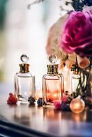 lusso profumo bottiglie su Schermo a un' presentazione, donne fragranza profumo nuovo esclusivo collezione, post-elaborato, generativo ai foto