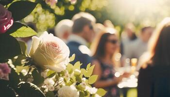 nozze ospiti a il all'aperto festa su un' soleggiato giorno. generativo ai foto