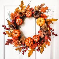 autunno ghirlanda come decorazione su bianca porta, accogliente autunno vacanza stagione con autunnale decorazioni, generativo ai foto
