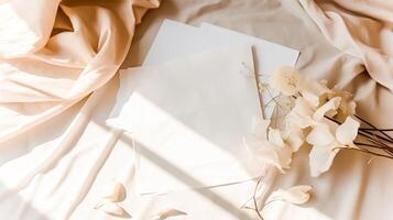 nozze Stazionario, biancheria tessuto e vuoto carta lenzuola come un' soleggiato flatlay sfondo per modello. generativo ai foto