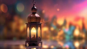 ornamentale Arabo lanterna a notte. festivo saluto carta, invito per musulmano santo mese Ramadan kareem, eid al adha, creato utilizzando generativo ai tecnologia foto