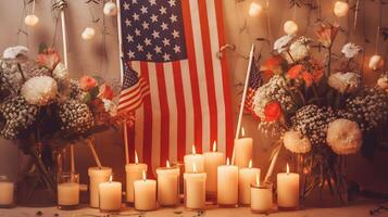ardente candela, Stati Uniti d'America bandiera e fiore per nazionale giorno di preghiera e ricordo, creato utilizzando generativo ai tecnologia foto