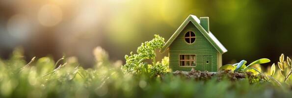 verde e l'ambiente amichevole alloggiamento concetto, miniatura di legno Casa nel primavera erba, eco concetto, generativo ai tecnologia foto