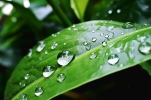 bellissimo trasparente gocce di pioggia su verde foglie, generativo ai foto