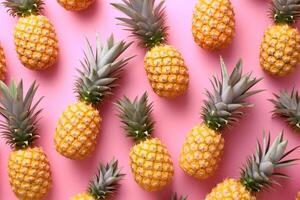 luminosa modello di molti ananas su un' di moda morbido rosa sfondo. media maturo frutta, ai generativo foto