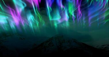 il astratto sfondo di il Multi -colorato settentrionale luci e montagne nel il nord, un' luminosa iridescente realistico leggero leggero nel il cielo foto