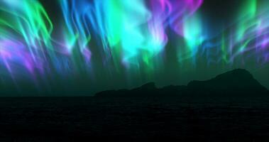 il astratto sfondo di il Multi -colorato settentrionale luci e montagne nel il nord, un' luminosa iridescente realistico leggero leggero nel il cielo foto