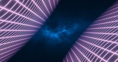 astratto viola energia griglia vorticoso tunnel di Linee nel il superiore e parte inferiore di il schermo magico luminosa raggiante futuristico hi-tech sfondo foto
