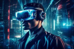 futuristico virtuale cuffia bicchieri logoro di uomini con astratto arte tecnologia mostrando metaverso. generativo ai foto