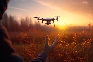 mano raggiungendo per fuco all'aperto a Alba. analisi un aereo senza equipaggio veicolo nel natura, ai generativo foto