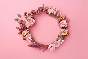 diverso minuscolo fiori nel un' mazzo su un' rosa sfondo con copia spazio. piatto disposizione con testo spazio. romantico femminile piatto, generativo ai foto