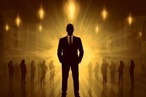 astratto silhouette di uomo d'affari con leggero lampadina, strategia e continuo apprendimento, professionale sviluppo. generativo ai foto