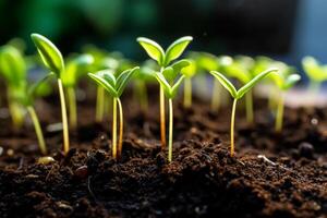 verde germoglio semi iniziato per crescere nel il fertile suolo. generativo ai foto