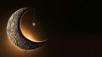 3d rendere di bellissimo lavorato mezzaluna Luna con sospeso stella su buio sfondo. islamico religioso concetto. foto