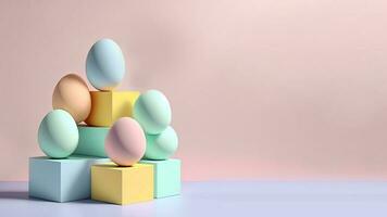 3d rendere di morbido colore uova su podio e copia spazio. contento Pasqua giorno concetto. foto