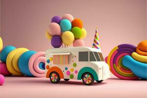 3d rendere, fantasia colorato cibo camion di terra di dolciumi su rosa sfondo. foto