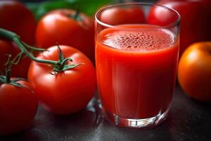 fresco rosso pomodoro succo nel un' bicchiere generativo ai foto