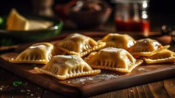 vicino su Visualizza di italiano piatto ravioli cucinando tavolo. generativo ai. foto