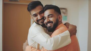 contento Due indiano uomini indossare tradizionale kurta nel abbracciare posa a il camera. generativo ai illustrazione. foto