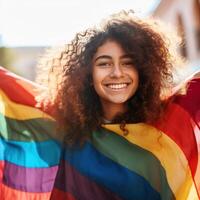 ragazza con arcobaleno bandiera. orgoglio mese concetto. illustrazione ai generativo foto