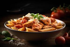 penne pasta nel pomodoro salsa con pollo illustrazione ai generativo foto