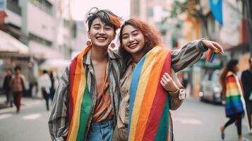 ragazza con arcobaleno bandiera. orgoglio mese concetto. illustrazione ai generativo foto