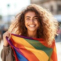 ragazza con arcobaleno bandiera. orgoglio mese concetto. illustrazione ai generativo foto