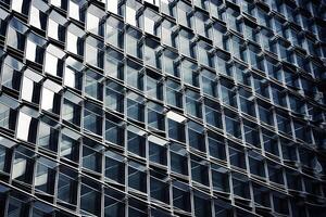 un' moderno edificio sta alto e orgoglioso, in mostra suo elegante e innovativo design attraverso suo Vettore di Di Più di 100 bicchiere finestre, impostato contro un' sbalorditivo blu riflessivo sfondo. generativo ai foto