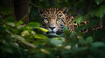 avvicinamento Visualizza di un' giaguaro nel un' verde giungla, guardare inoltrare e macchiato, con suo penetrante occhi e distintivo Caratteristiche nel chiaro Visualizza. fatto con generativo ai foto