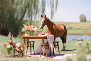 Marrone cavallo in piedi vicino un elegantemente decorato tavolo. il tavolo è ornato con vivace mazzo di fiori . il curioso cavallo appare per essere in attesa per qualcuno ,Su un' paesaggio. generativo ai foto