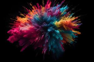 colorato esplosione di holi polvere contro un' nero sfondo. il colori di il polvere siamo luminosa e vibrante, con tonalità di rosa, giallo, verde, blu, e viola . fatto con generativo ai. foto