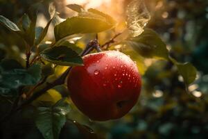 avvicinamento Visualizza di un Mela nel un' albero con acqua goccioline, con suo brillante rosso pelle e distintivo forma nel chiaro Visualizza. il acqua goccioline aggrapparsi per il superficie di il Mela. fatto con generativo ai foto