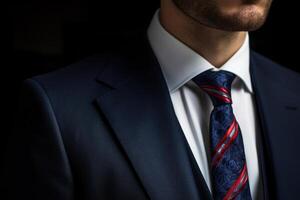 rigoroso uomini completo da uomo con un' cravatta di un ufficio lavoratore generativo ai foto