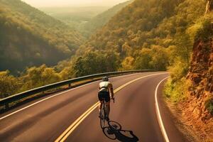 ciclista atleta cavalcate su un vuoto strada su un' strada bicicletta generativo ai foto