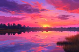 colorato viola celeste tramonto cielo di calma sera fiume paesaggio generativo ai foto